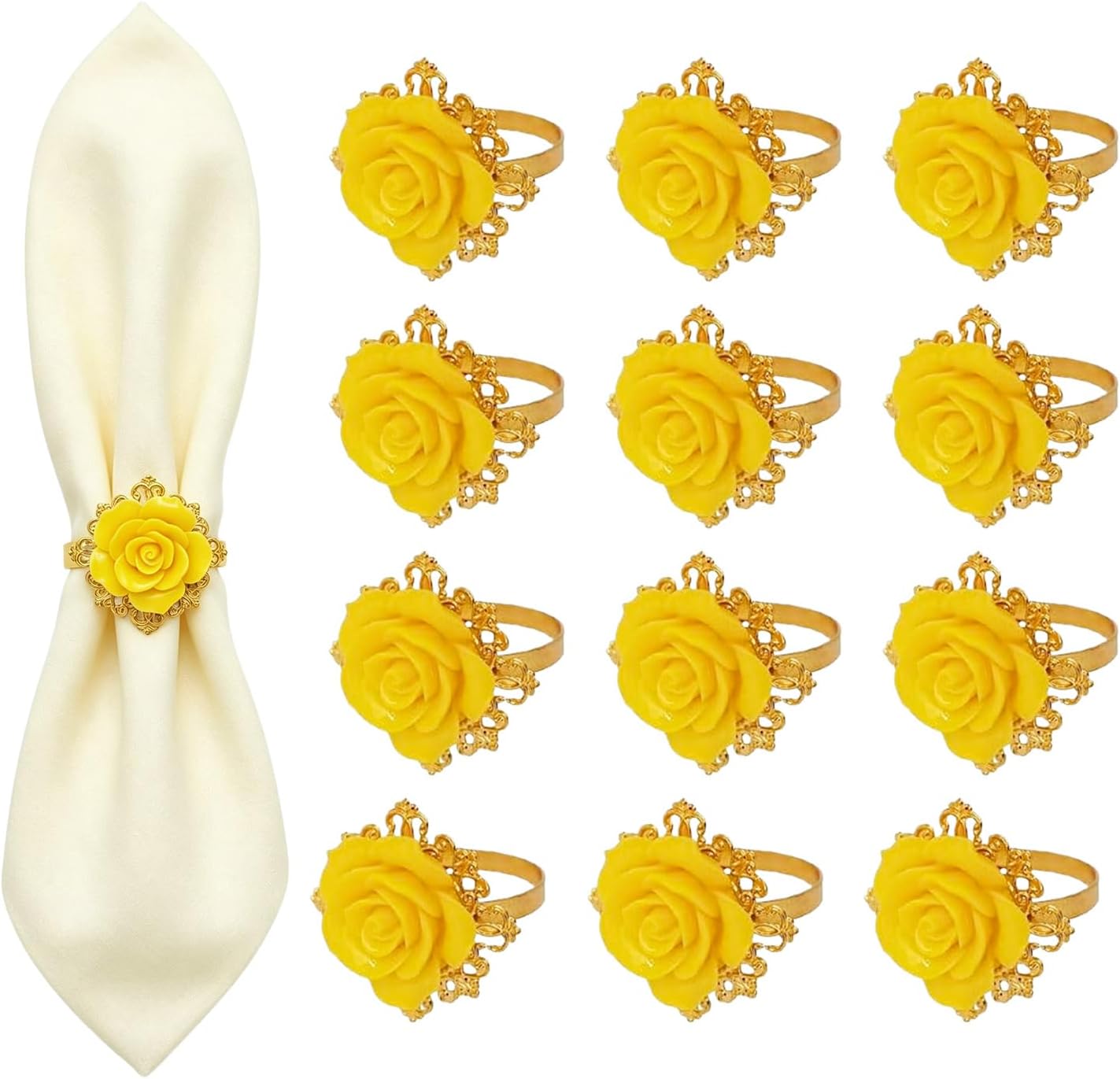 Rose Napkin Rings Set of 12, Yellow Flower Napkin Rings, Gold Metal Serviette Holder for Flower Table Decorations Banquet Wedding Birthday Thanksgiving Valentine's Day, Holiday Daily Use (Yellow, 1.5)
