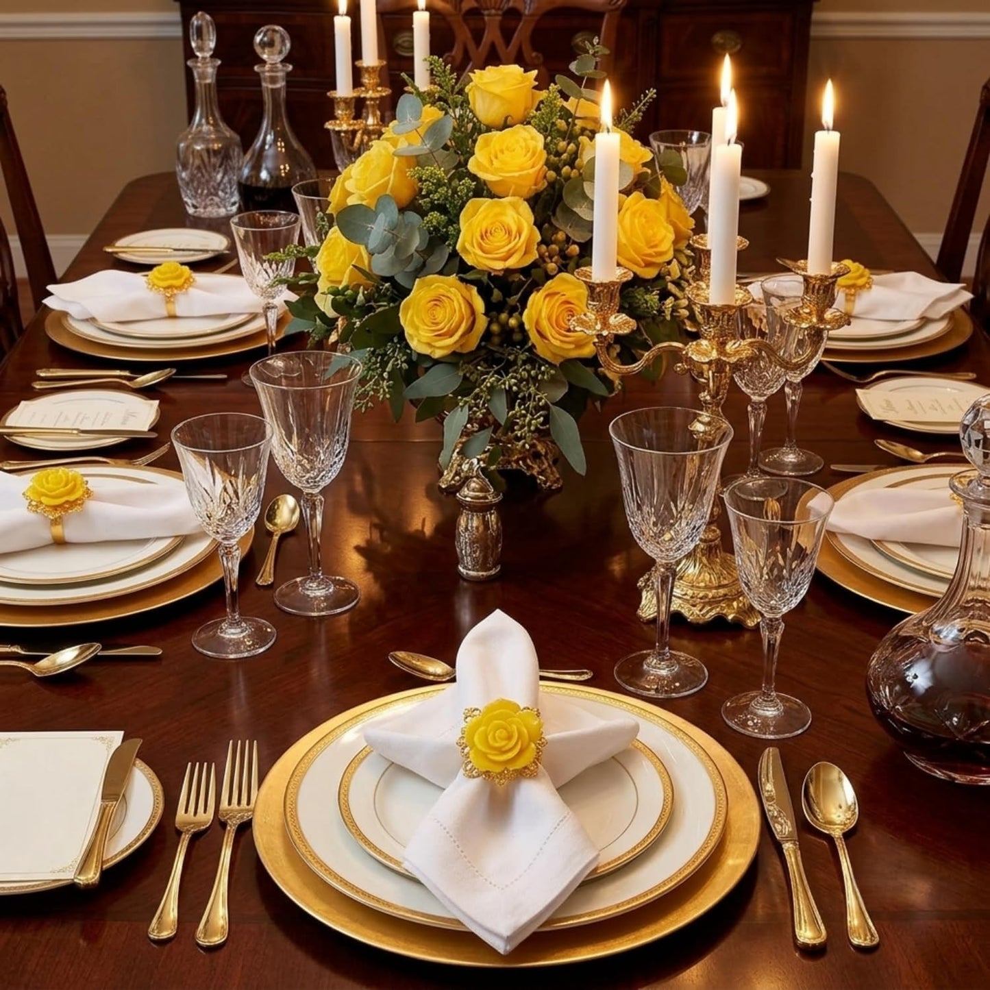 Rose Napkin Rings Set of 12, Yellow Flower Napkin Rings, Gold Metal Serviette Holder for Flower Table Decorations Banquet Wedding Birthday Thanksgiving Valentine's Day, Holiday Daily Use (Yellow, 1.5)