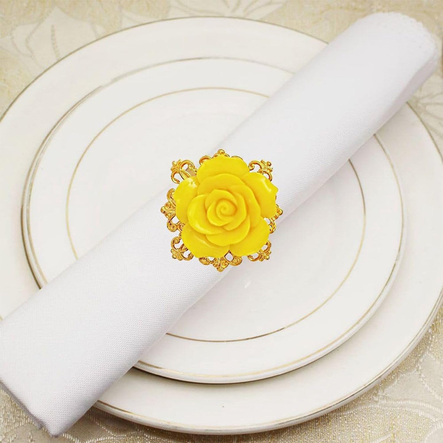 Rose Napkin Rings Set of 12, Yellow Flower Napkin Rings, Gold Metal Serviette Holder for Flower Table Decorations Banquet Wedding Birthday Thanksgiving Valentine's Day, Holiday Daily Use (Yellow, 1.5)