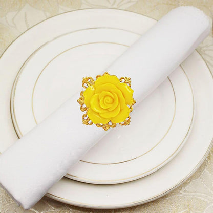 Rose Napkin Rings Set of 12, Yellow Flower Napkin Rings, Gold Metal Serviette Holder for Flower Table Decorations Banquet Wedding Birthday Thanksgiving Valentine's Day, Holiday Daily Use (Yellow, 1.5)