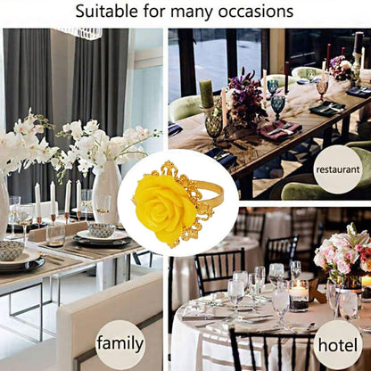 Rose Napkin Rings Set of 12, Yellow Flower Napkin Rings, Gold Metal Serviette Holder for Flower Table Decorations Banquet Wedding Birthday Thanksgiving Valentine's Day, Holiday Daily Use (Yellow, 1.5)
