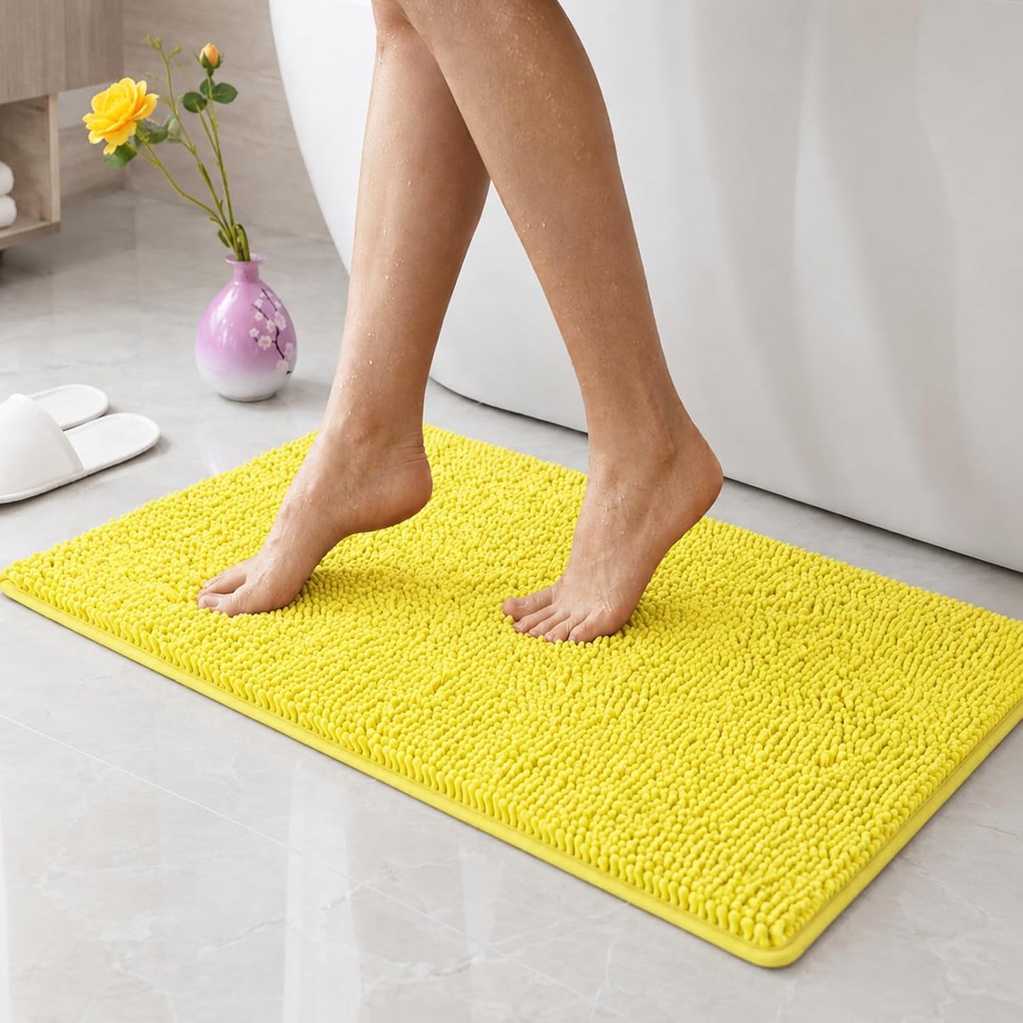 Plush Chenille Bath Rugs Extra Soft and Absorbent Microfiber Bath Mat for Tub/Bedroom/Doorway/Kitchen/Balcony, 24" x 16", Lemon Yellow