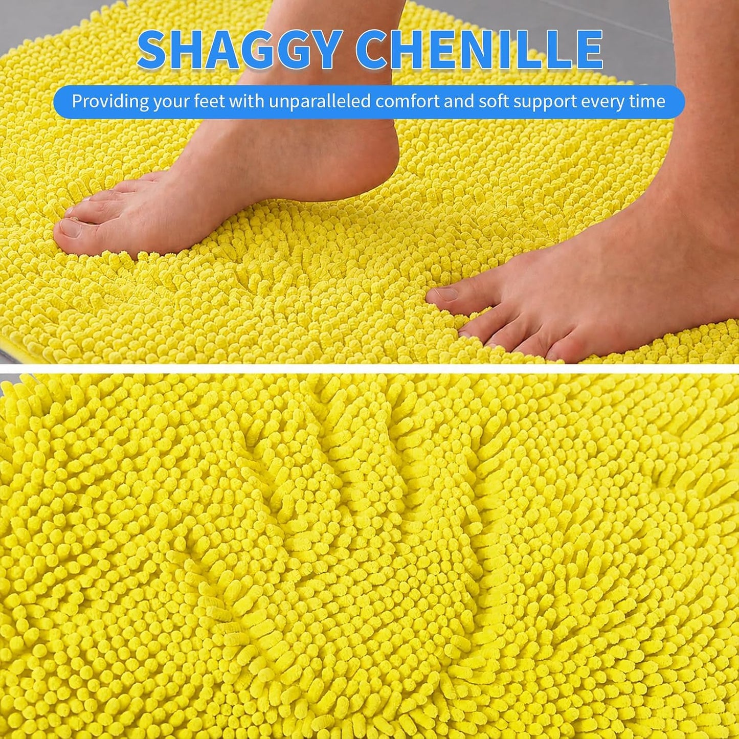 Plush Chenille Bath Rugs Extra Soft and Absorbent Microfiber Bath Mat for Tub/Bedroom/Doorway/Kitchen/Balcony, 24" x 16", Lemon Yellow