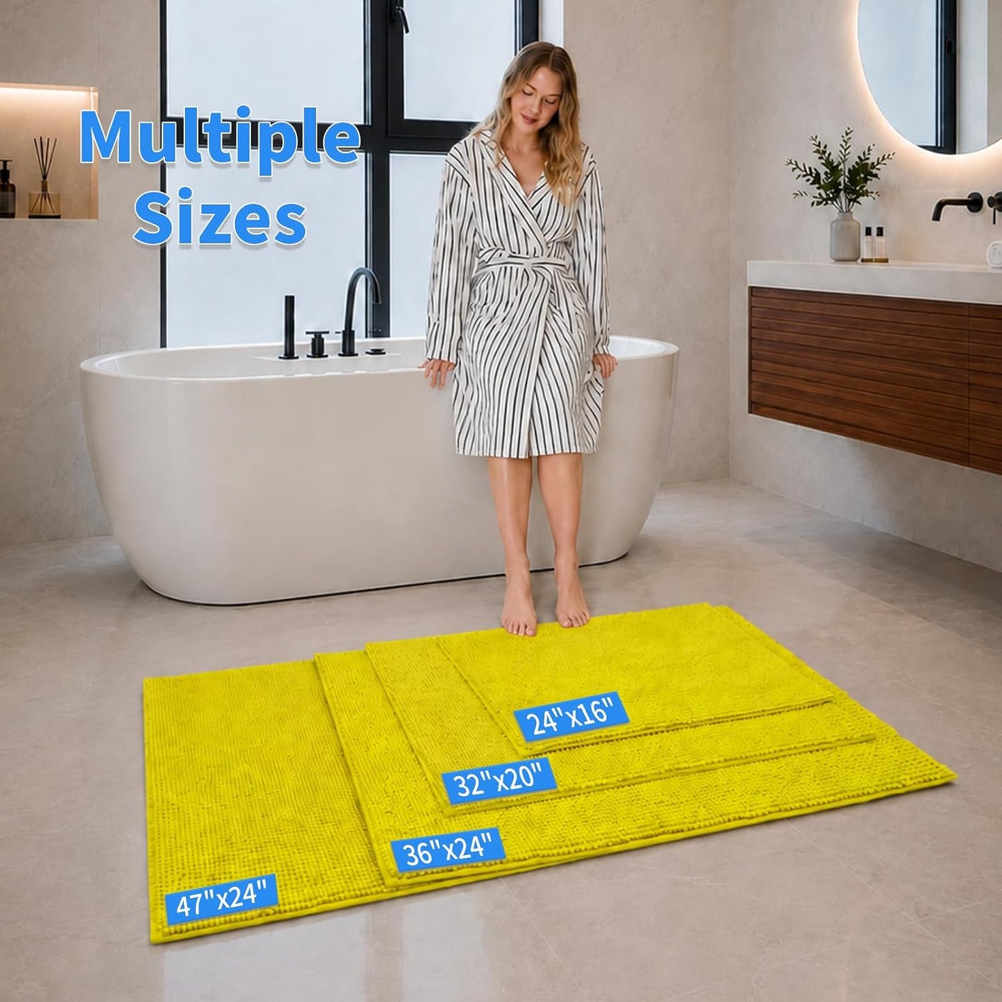 Plush Chenille Bath Rugs Extra Soft and Absorbent Microfiber Bath Mat for Tub/Bedroom/Doorway/Kitchen/Balcony, 24" x 16", Lemon Yellow