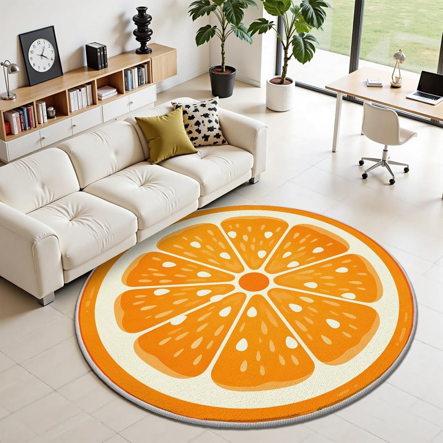 Fruit Orange Small Round Rugs 2 Ft, Fresh Food Circle Area Rug for Living Room, Summer Fruit Circle Rug, Funny Lemon Round Carpet, Washable Non Slip Rugs for Bedroom