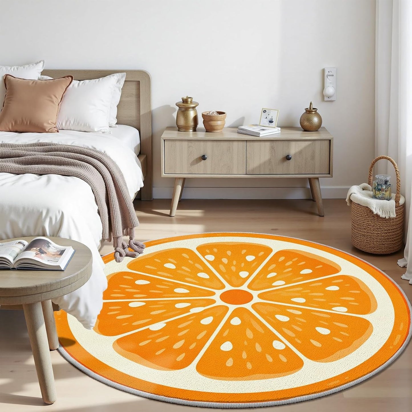 Fruit Orange Small Round Rugs 2 Ft, Fresh Food Circle Area Rug for Living Room, Summer Fruit Circle Rug, Funny Lemon Round Carpet, Washable Non Slip Rugs for Bedroom