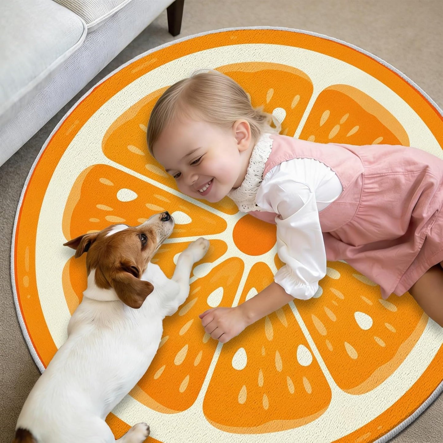 Fruit Orange Small Round Rugs 2 Ft, Fresh Food Circle Area Rug for Living Room, Summer Fruit Circle Rug, Funny Lemon Round Carpet, Washable Non Slip Rugs for Bedroom