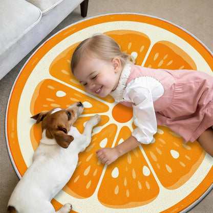 Fruit Orange Small Round Rugs 2 Ft, Fresh Food Circle Area Rug for Living Room, Summer Fruit Circle Rug, Funny Lemon Round Carpet, Washable Non Slip Rugs for Bedroom