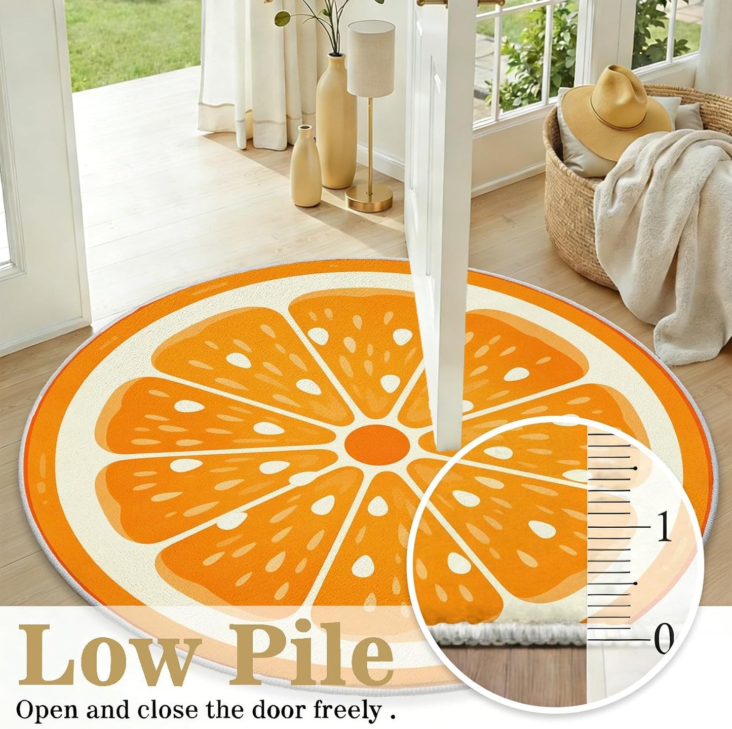 Fruit Orange Small Round Rugs 2 Ft, Fresh Food Circle Area Rug for Living Room, Summer Fruit Circle Rug, Funny Lemon Round Carpet, Washable Non Slip Rugs for Bedroom