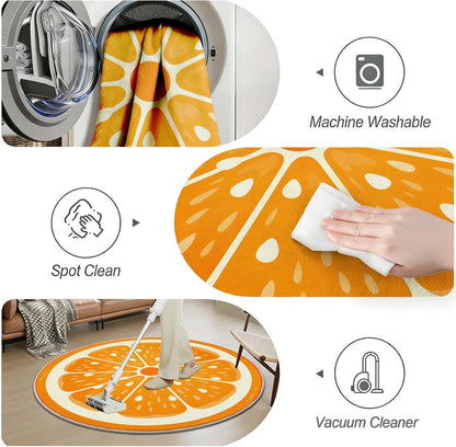 Fruit Orange Small Round Rugs 2 Ft, Fresh Food Circle Area Rug for Living Room, Summer Fruit Circle Rug, Funny Lemon Round Carpet, Washable Non Slip Rugs for Bedroom