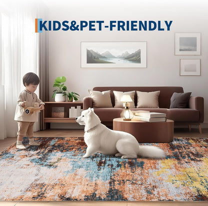 Washable Modern Area Rugs 5x7 Non-Shedding Contemporary Floor Mat, Abstract Low Pile Accent Carpet with Non-Slip Backing, Colorful Throw Rug for Bedroom, Living Room, Yellow