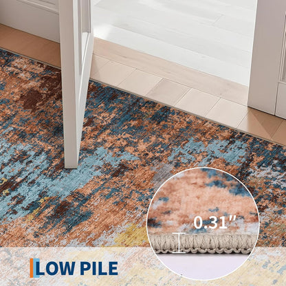 Washable Modern Area Rugs 5x7 Non-Shedding Contemporary Floor Mat, Abstract Low Pile Accent Carpet with Non-Slip Backing, Colorful Throw Rug for Bedroom, Living Room, Yellow