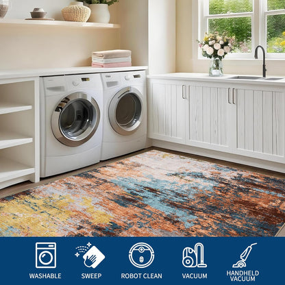 Washable Modern Area Rugs 5x7 Non-Shedding Contemporary Floor Mat, Abstract Low Pile Accent Carpet with Non-Slip Backing, Colorful Throw Rug for Bedroom, Living Room, Yellow