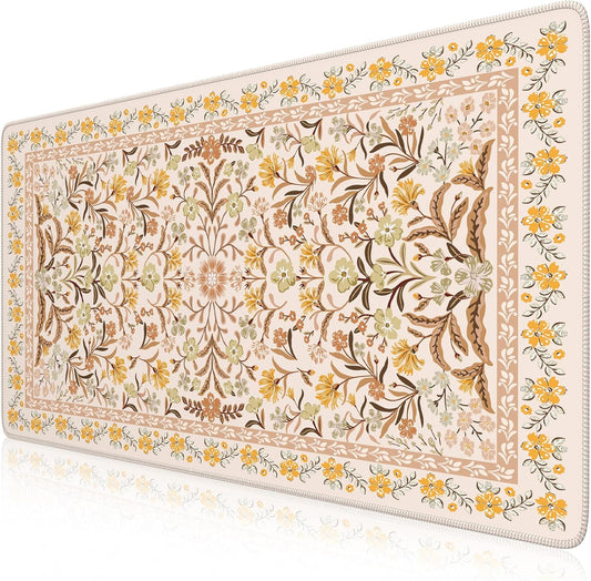 Desk Matt for Desktop, Cute Desk Pad Mat, XXL Large Mouse Pad, Anti-Slip Big Mousepad with Stitched Edges, Keyboard Pad Mouse Mat for Computer (Yellow Floral)