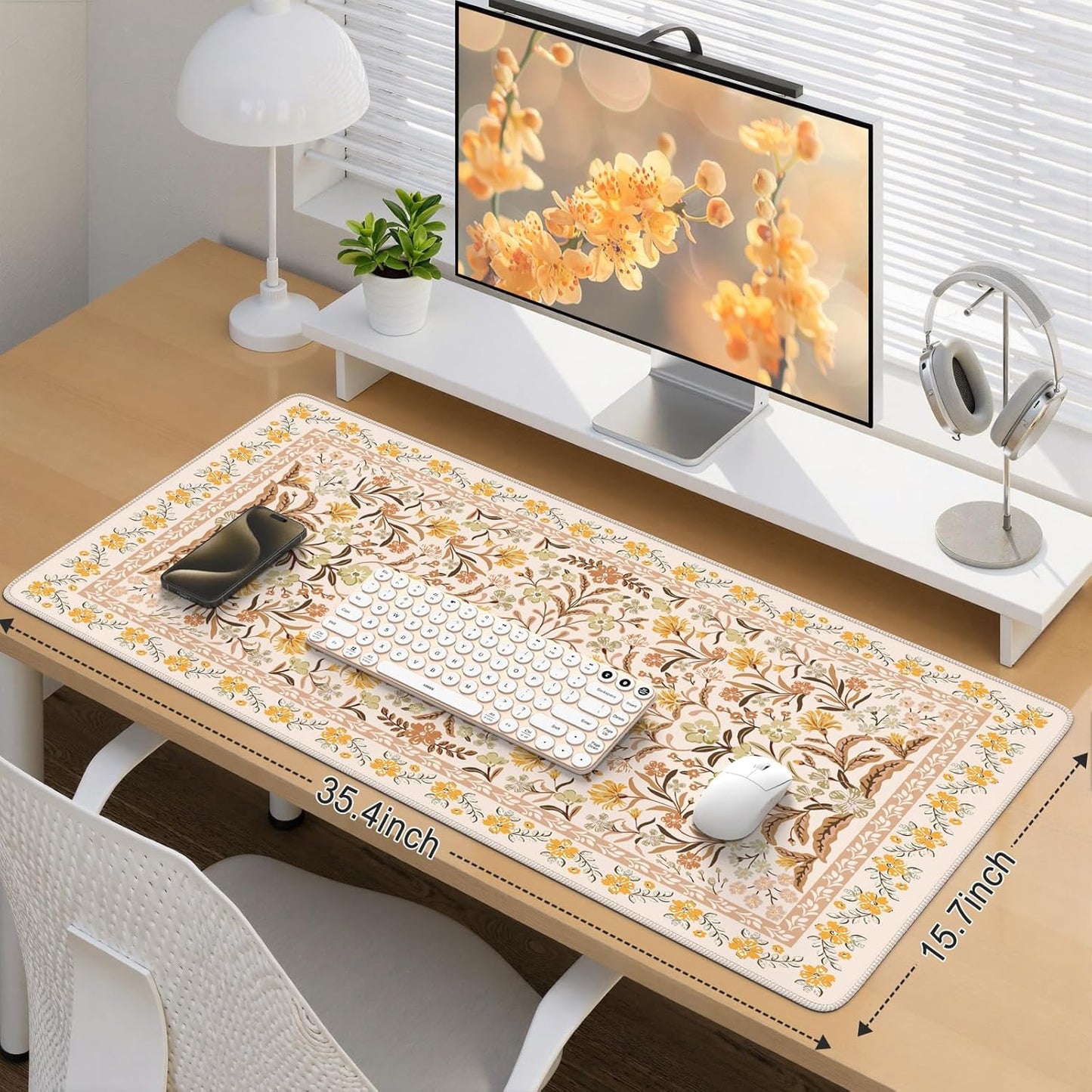 Desk Matt for Desktop, Cute Desk Pad Mat, XXL Large Mouse Pad, Anti-Slip Big Mousepad with Stitched Edges, Keyboard Pad Mouse Mat for Computer (Yellow Floral)