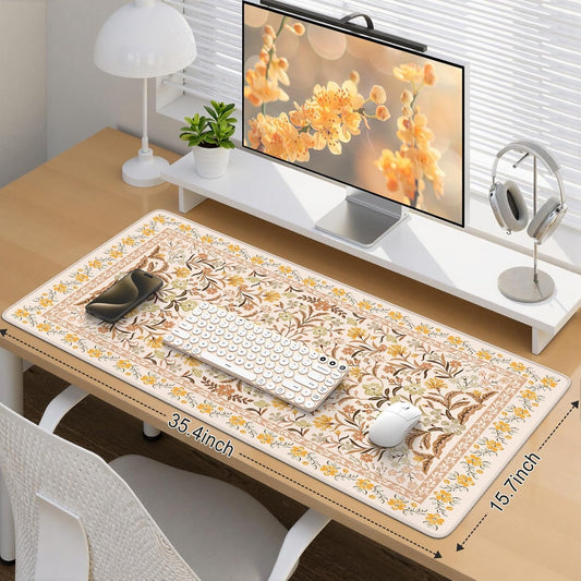 Desk Matt for Desktop, Cute Desk Pad Mat, XXL Large Mouse Pad, Anti-Slip Big Mousepad with Stitched Edges, Keyboard Pad Mouse Mat for Computer (Yellow Floral)