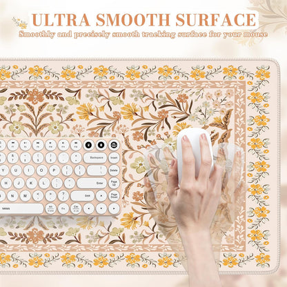 Desk Matt for Desktop, Cute Desk Pad Mat, XXL Large Mouse Pad, Anti-Slip Big Mousepad with Stitched Edges, Keyboard Pad Mouse Mat for Computer (Yellow Floral)