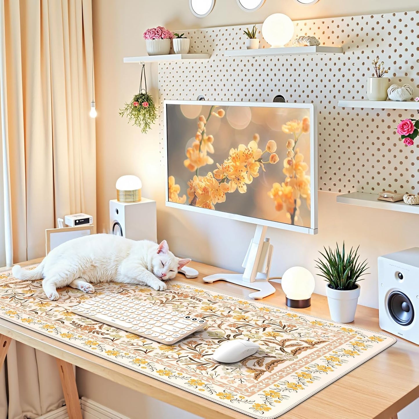 Desk Matt for Desktop, Cute Desk Pad Mat, XXL Large Mouse Pad, Anti-Slip Big Mousepad with Stitched Edges, Keyboard Pad Mouse Mat for Computer (Yellow Floral)