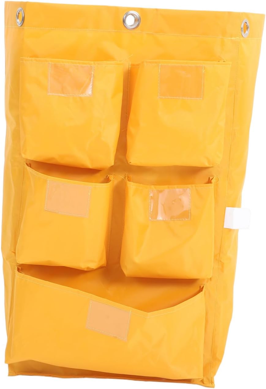 Waterproof Cleaning Cart Bag with 5 Pockets, Heavy-Duty Canvas Janitorial Replacement Bag for Housekeeping Carts, Yellow Sturdy Storage Sack for Industrial Cleaning Supplies