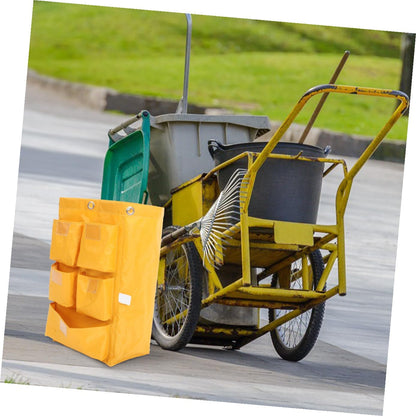 Waterproof Cleaning Cart Bag with 5 Pockets, Heavy-Duty Canvas Janitorial Replacement Bag for Housekeeping Carts, Yellow Sturdy Storage Sack for Industrial Cleaning Supplies