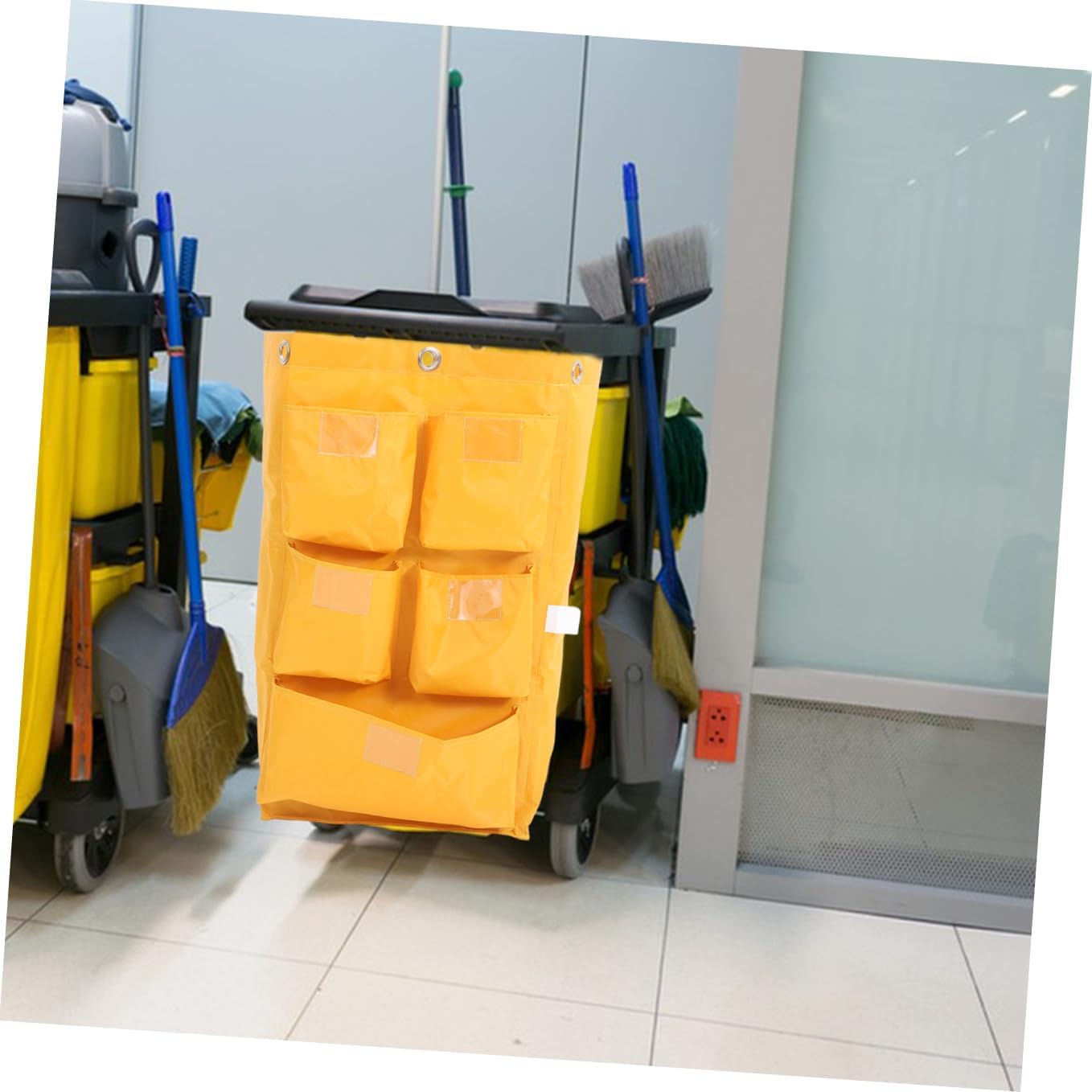 Waterproof Cleaning Cart Bag with 5 Pockets, Heavy-Duty Canvas Janitorial Replacement Bag for Housekeeping Carts, Yellow Sturdy Storage Sack for Industrial Cleaning Supplies