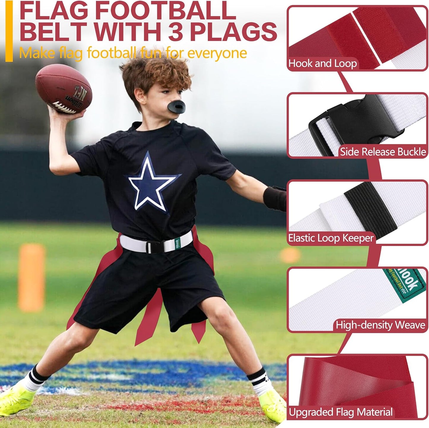 White Flag Football Belts with 42 Flags For Kids, Youth & Adult | One Size Fits All, Quick-Release Buckle, Elastic Loop Tucks Excess Belt For Team Building and Competition