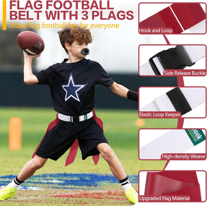 White Flag Football Belts with 42 Flags For Kids, Youth & Adult | One Size Fits All, Quick-Release Buckle, Elastic Loop Tucks Excess Belt For Team Building and Competition