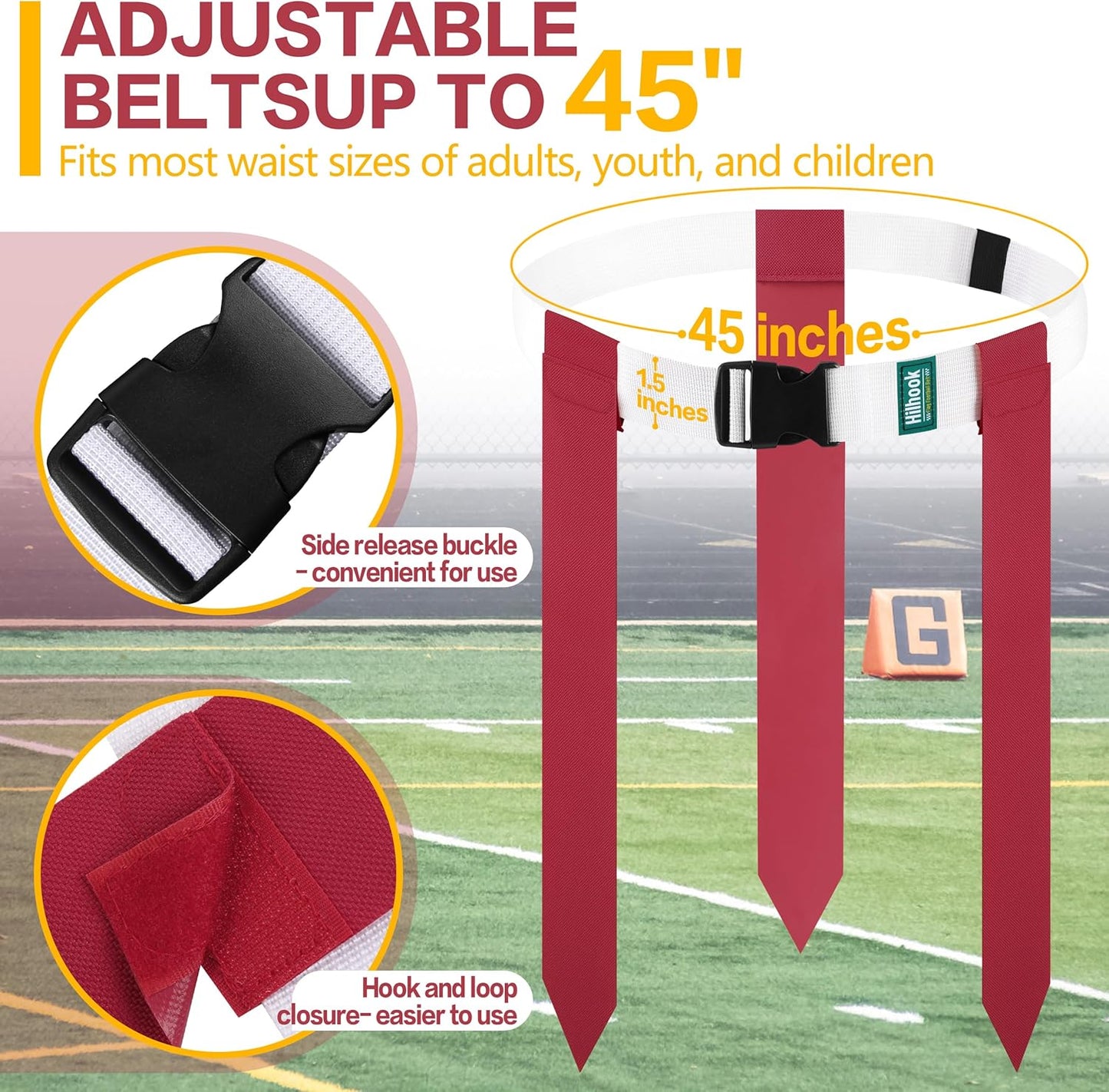 White Flag Football Belts with 42 Flags For Kids, Youth & Adult | One Size Fits All, Quick-Release Buckle, Elastic Loop Tucks Excess Belt For Team Building and Competition