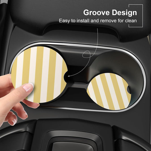 Ceramic Car Coasters – Absorbent Car Cup Holder Coaster Set for Women, Cute Aesthetic Car Accessories for Girls, 2 Pack (Golden Yellow)