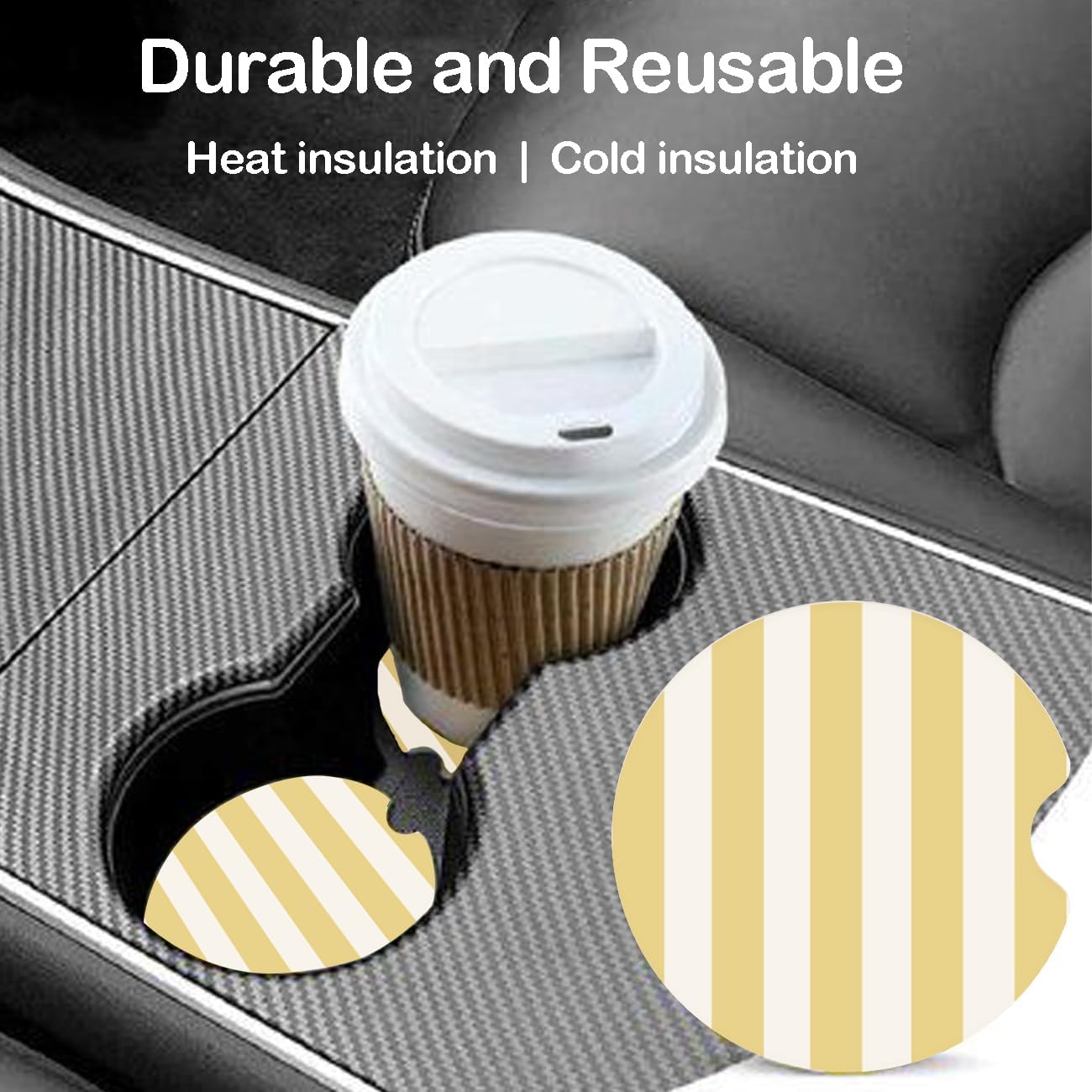 Ceramic Car Coasters – Absorbent Car Cup Holder Coaster Set for Women, Cute Aesthetic Car Accessories for Girls, 2 Pack (Golden Yellow)