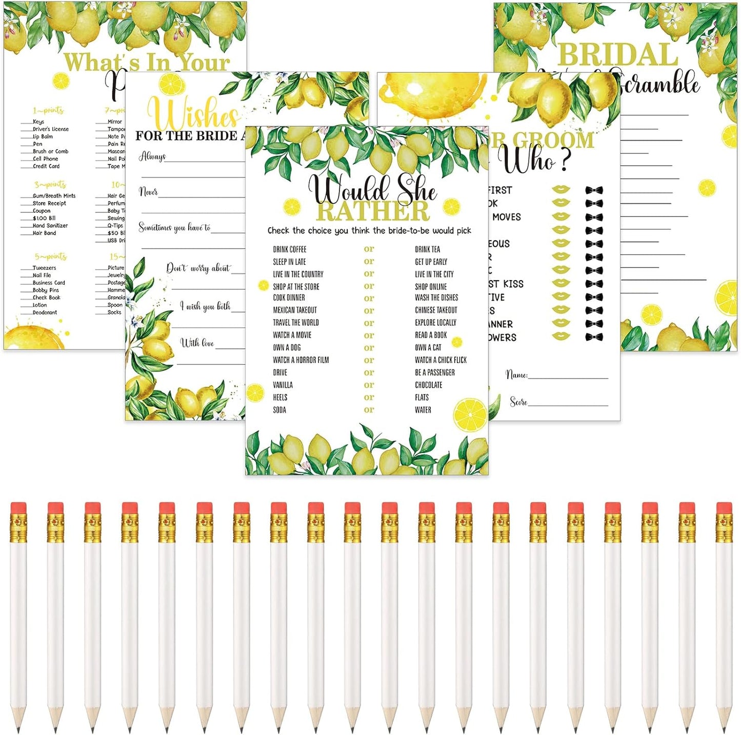 220 Pcs Lemon Bridal Shower Games Set Wedding Shower Game Supplies Include Bridal Games Cards and Pencils for Bachelorette Engagement Party Decorations Favors