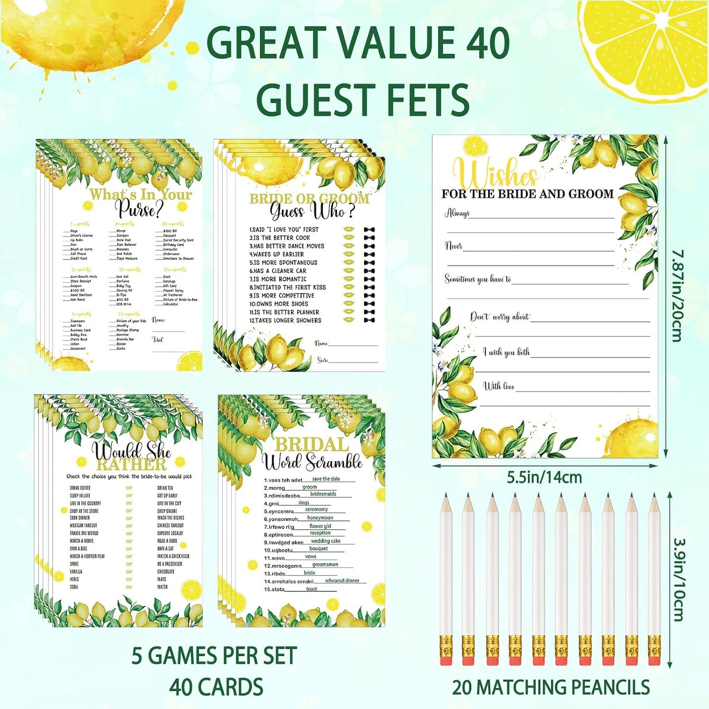220 Pcs Lemon Bridal Shower Games Set Wedding Shower Game Supplies Include Bridal Games Cards and Pencils for Bachelorette Engagement Party Decorations Favors