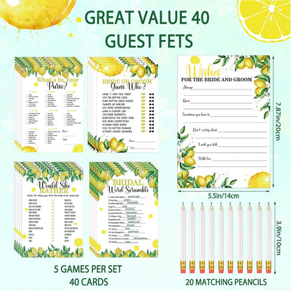 220 Pcs Lemon Bridal Shower Games Set Wedding Shower Game Supplies Include Bridal Games Cards and Pencils for Bachelorette Engagement Party Decorations Favors