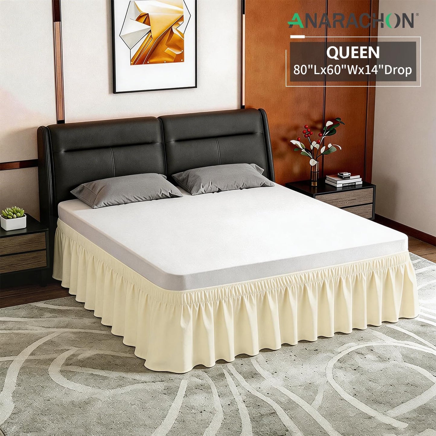Queen Bed Skirt, Elastic Wrap Around Bed Skirt Queen Size, Bed Skirts for Adjustable Bed, Easy Fit with 14" Drop Length Tailored Drop Dust Ruffle (Light Yellow)
