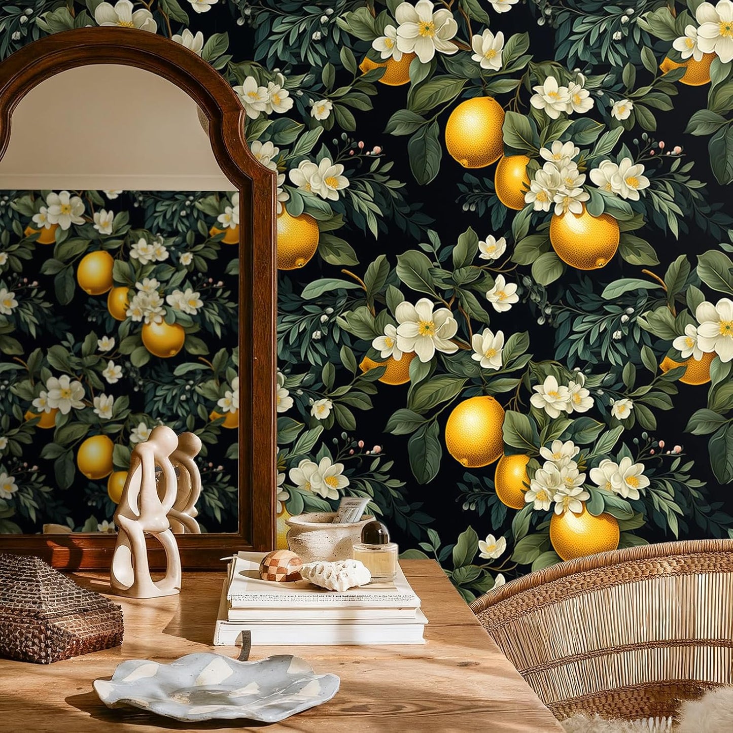 Moody Lemon Wallpaper Stick and Peel Dark Citrus Fruit Wallpaper for Kitchen Bathroom 17.7''x118'' Self Adhesive Lemon Contact Paper for Cabinets Shelves Drawers Removable Orange Wall Paper