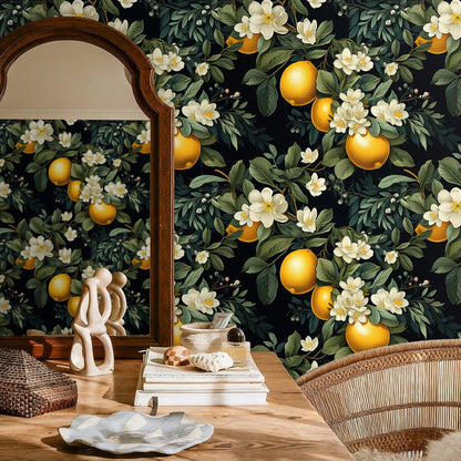 Moody Lemon Wallpaper Stick and Peel Dark Citrus Fruit Wallpaper for Kitchen Bathroom 17.7''x118'' Self Adhesive Lemon Contact Paper for Cabinets Shelves Drawers Removable Orange Wall Paper