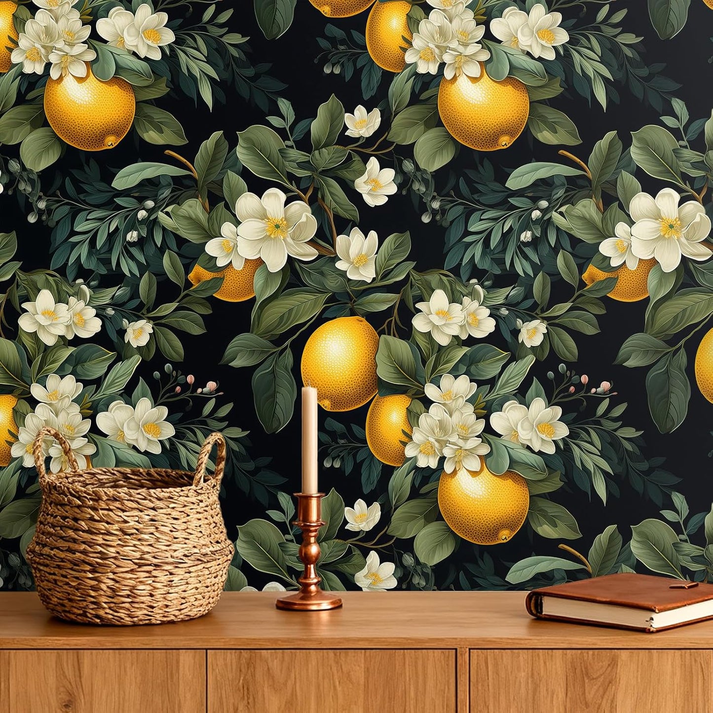 Moody Lemon Wallpaper Stick and Peel Dark Citrus Fruit Wallpaper for Kitchen Bathroom 17.7''x118'' Self Adhesive Lemon Contact Paper for Cabinets Shelves Drawers Removable Orange Wall Paper