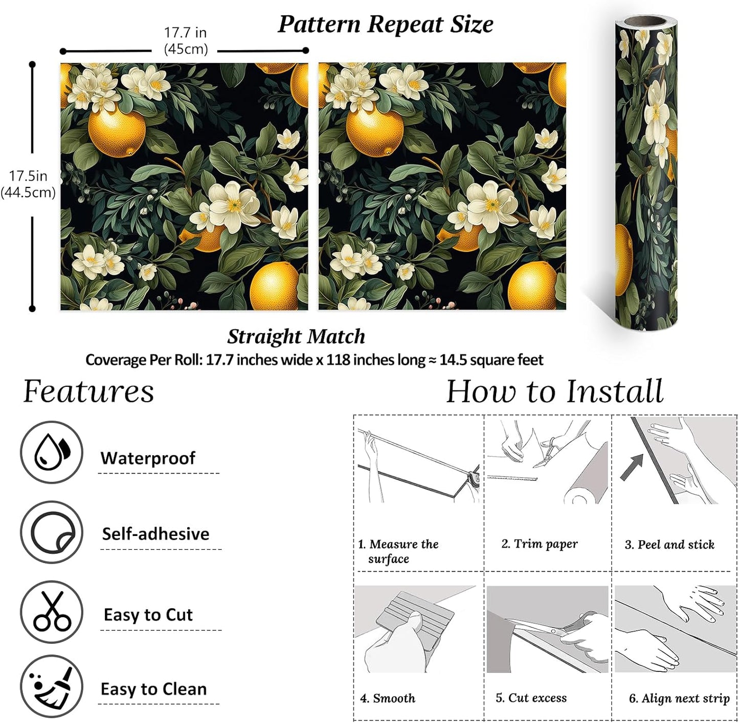 Moody Lemon Wallpaper Stick and Peel Dark Citrus Fruit Wallpaper for Kitchen Bathroom 17.7''x118'' Self Adhesive Lemon Contact Paper for Cabinets Shelves Drawers Removable Orange Wall Paper