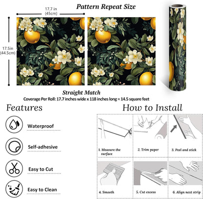 Moody Lemon Wallpaper Stick and Peel Dark Citrus Fruit Wallpaper for Kitchen Bathroom 17.7''x118'' Self Adhesive Lemon Contact Paper for Cabinets Shelves Drawers Removable Orange Wall Paper