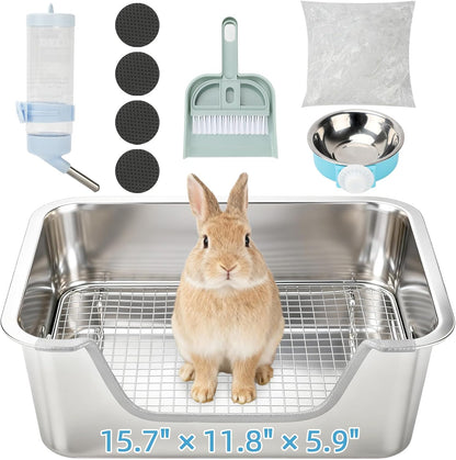 BWOGUE Stainless Steel Rabbit Litter Box with Grid, Bunny Litter Box Pan | Removable Sifting Grid, Waste Separation, Easy-Clean Small Animal Toilet Pan, Guinea Pigs, Chinchillas & Ferrets