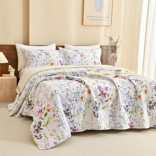 Sanracie 100% Cotton Quilt King Bedding Set(110"x98")-Floral Quilted Bedspreads Set,3pcs Yellow Wild Flower Botanical Printed Pattern Quilt Bedding Coverlet Summer Soft Lightweight Aesthetic Bedding