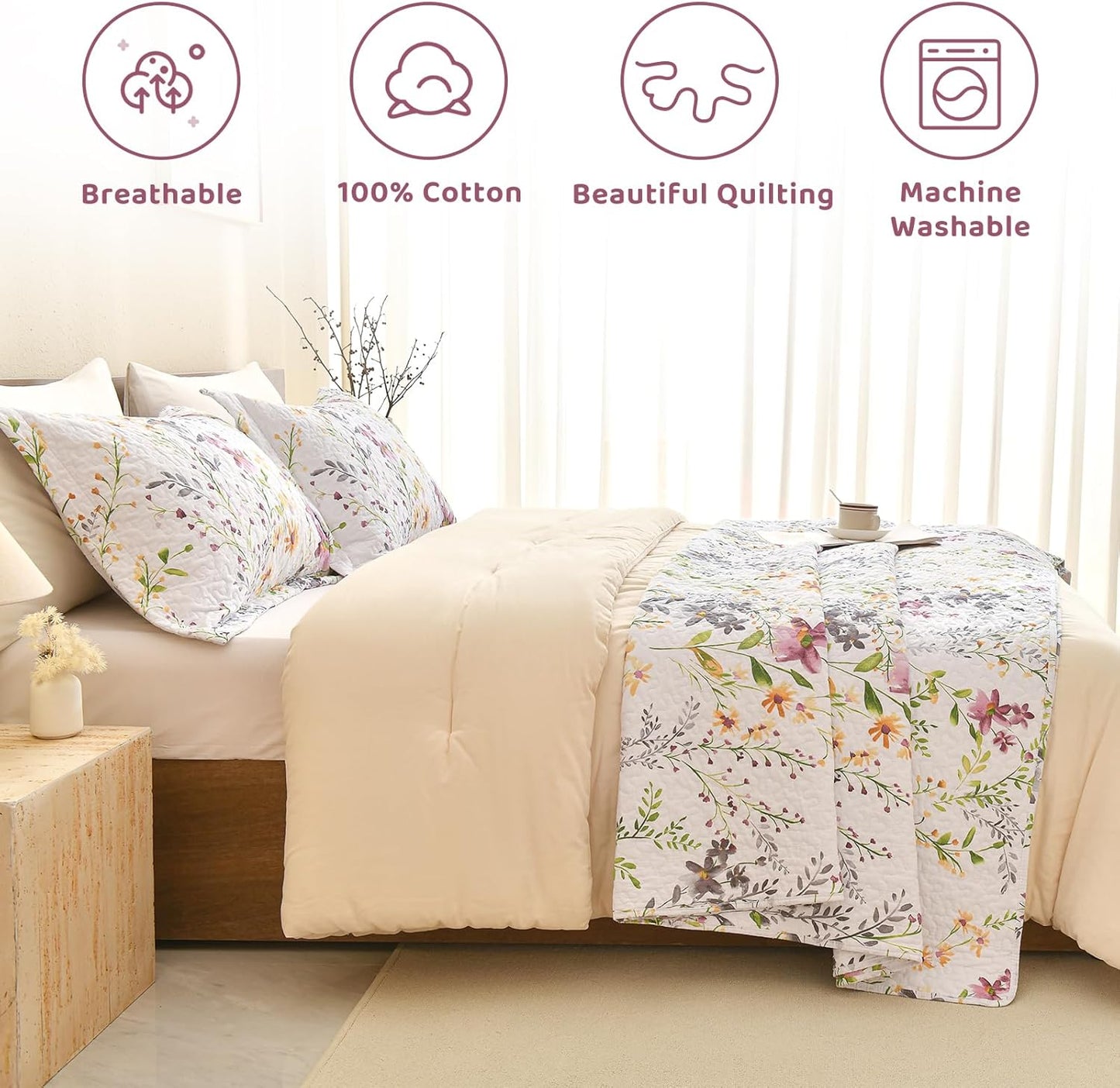 Sanracie 100% Cotton Quilt King Bedding Set(110"x98")-Floral Quilted Bedspreads Set,3pcs Yellow Wild Flower Botanical Printed Pattern Quilt Bedding Coverlet Summer Soft Lightweight Aesthetic Bedding
