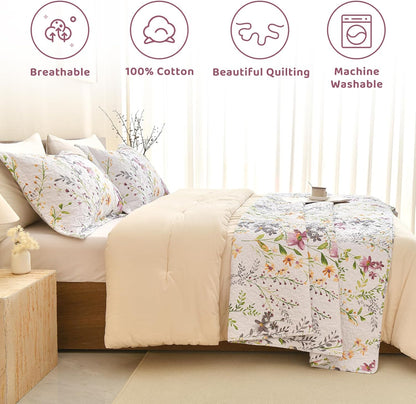 Sanracie 100% Cotton Quilt King Bedding Set(110"x98")-Floral Quilted Bedspreads Set,3pcs Yellow Wild Flower Botanical Printed Pattern Quilt Bedding Coverlet Summer Soft Lightweight Aesthetic Bedding