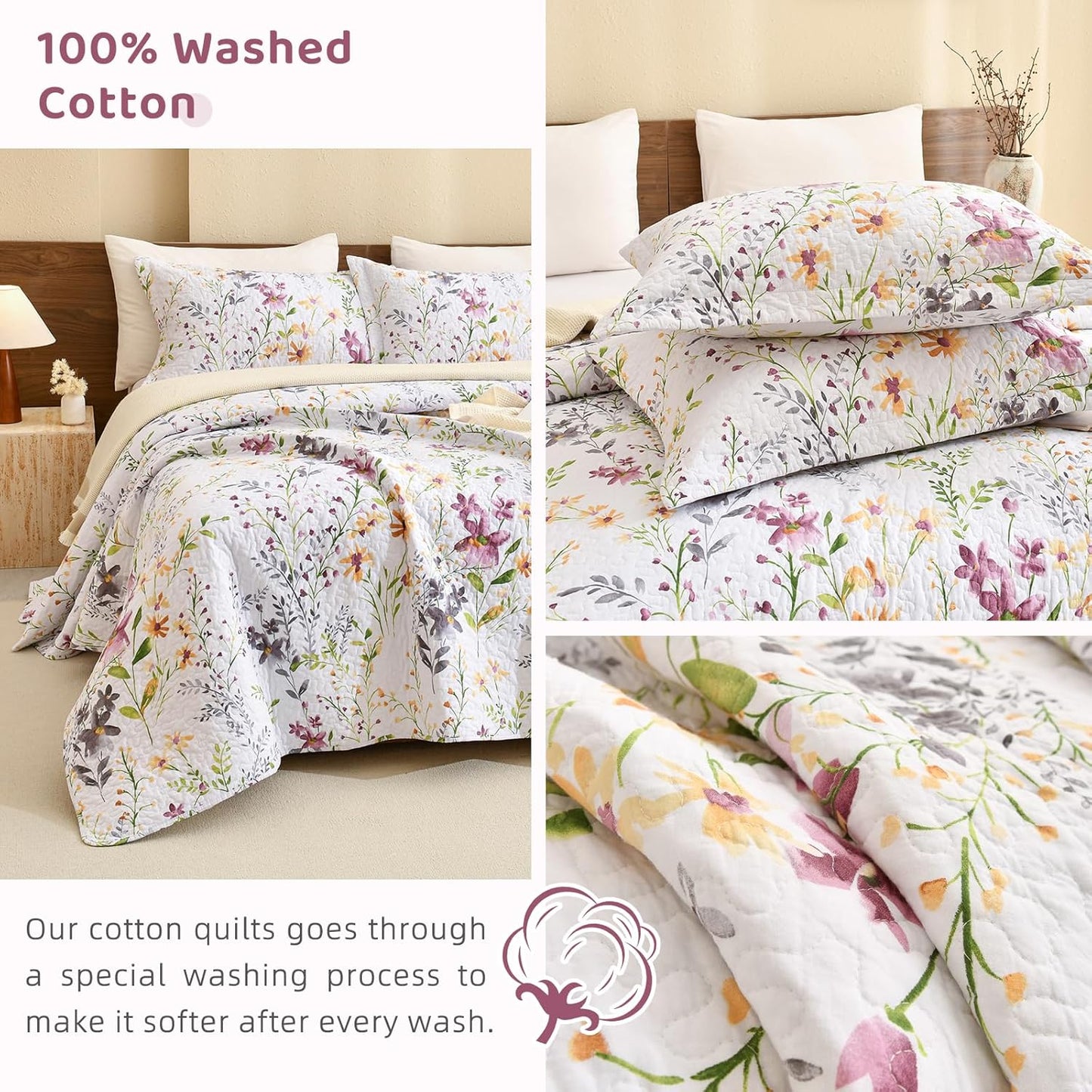 Sanracie 100% Cotton Quilt King Bedding Set(110"x98")-Floral Quilted Bedspreads Set,3pcs Yellow Wild Flower Botanical Printed Pattern Quilt Bedding Coverlet Summer Soft Lightweight Aesthetic Bedding