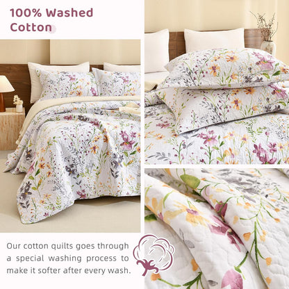 Sanracie 100% Cotton Quilt King Bedding Set(110"x98")-Floral Quilted Bedspreads Set,3pcs Yellow Wild Flower Botanical Printed Pattern Quilt Bedding Coverlet Summer Soft Lightweight Aesthetic Bedding