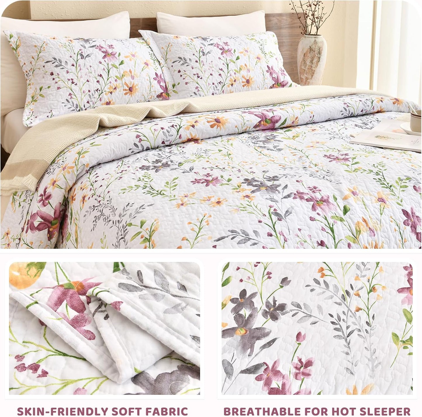 Sanracie 100% Cotton Quilt King Bedding Set(110"x98")-Floral Quilted Bedspreads Set,3pcs Yellow Wild Flower Botanical Printed Pattern Quilt Bedding Coverlet Summer Soft Lightweight Aesthetic Bedding