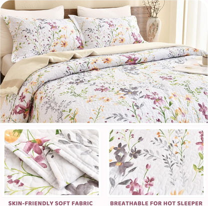 Sanracie 100% Cotton Quilt King Bedding Set(110"x98")-Floral Quilted Bedspreads Set,3pcs Yellow Wild Flower Botanical Printed Pattern Quilt Bedding Coverlet Summer Soft Lightweight Aesthetic Bedding