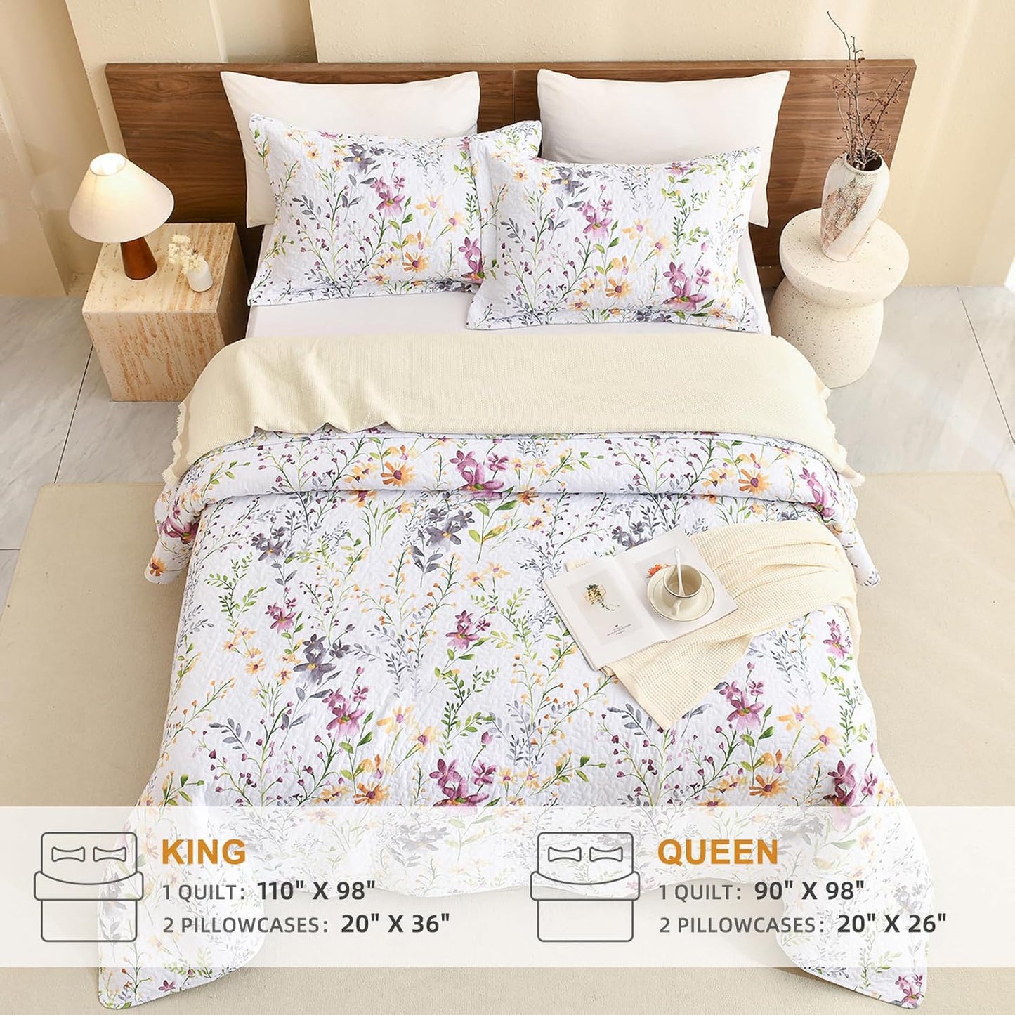 Sanracie 100% Cotton Quilt King Bedding Set(110"x98")-Floral Quilted Bedspreads Set,3pcs Yellow Wild Flower Botanical Printed Pattern Quilt Bedding Coverlet Summer Soft Lightweight Aesthetic Bedding