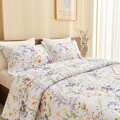 Sanracie 100% Cotton Quilt King Bedding Set(110"x98")-Floral Quilted Bedspreads Set,3pcs Yellow Wild Flower Botanical Printed Pattern Quilt Bedding Coverlet Summer Soft Lightweight Aesthetic Bedding