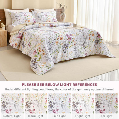 Sanracie 100% Cotton Quilt King Bedding Set(110"x98")-Floral Quilted Bedspreads Set,3pcs Yellow Wild Flower Botanical Printed Pattern Quilt Bedding Coverlet Summer Soft Lightweight Aesthetic Bedding